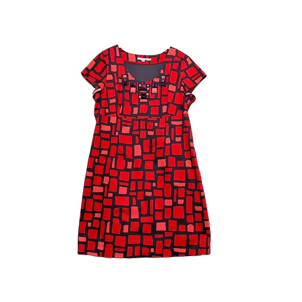 Boden Mod Sheath Dress Red Geometric Jeweled Short Sleeve Size 16 R Event Career